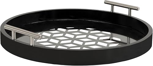Kate and Laurel Caspen Bandeja redonda decorativa con asas de metal plateado 16 x 16 negro y plateado moderna bandeja de servir glamorosa con asas