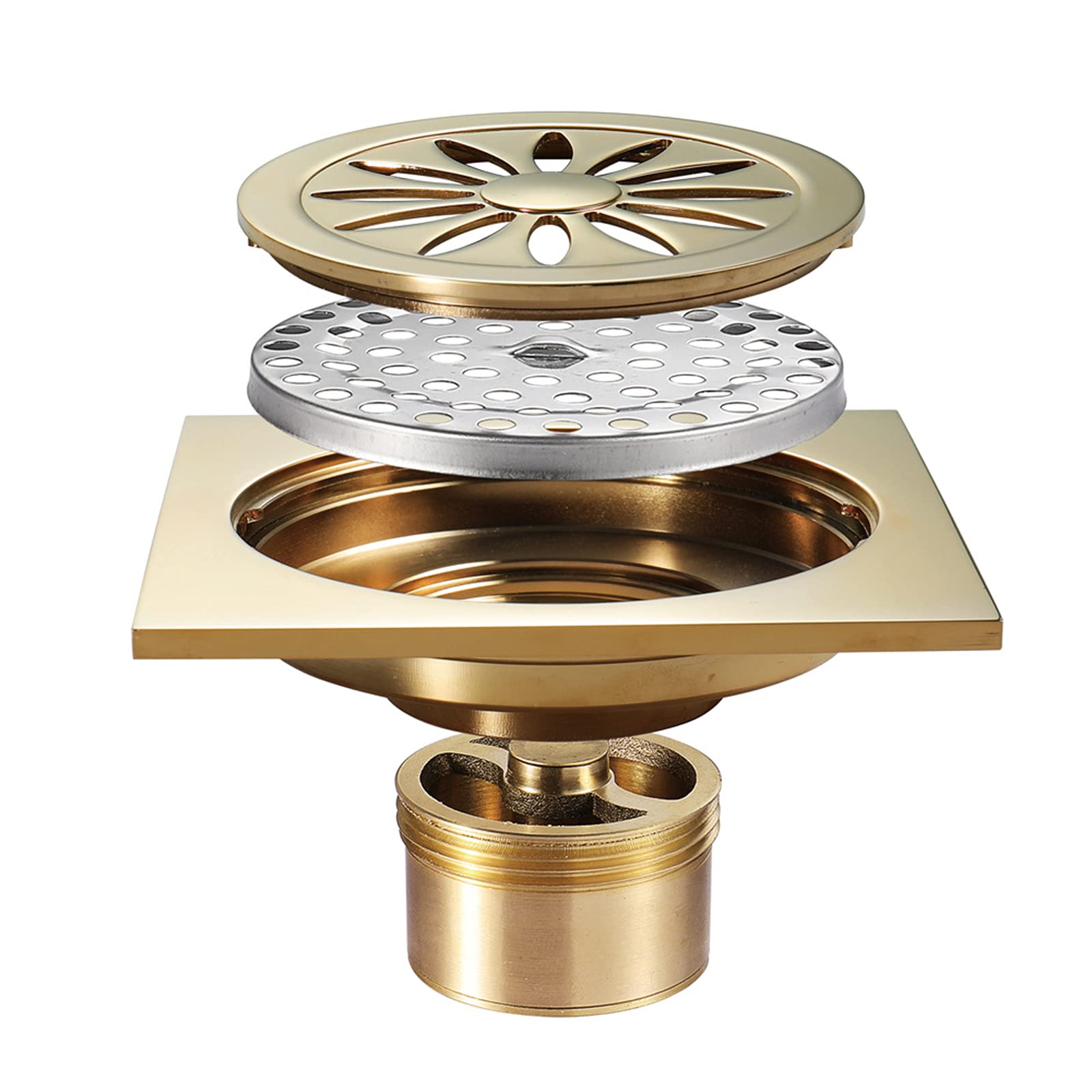 TANKE Square Shower Drain, Gold Brass with Removable Pattern Grate 4 Inch Deodorant Floor Shower Drain, Hair Strainer for Bathroom,A
