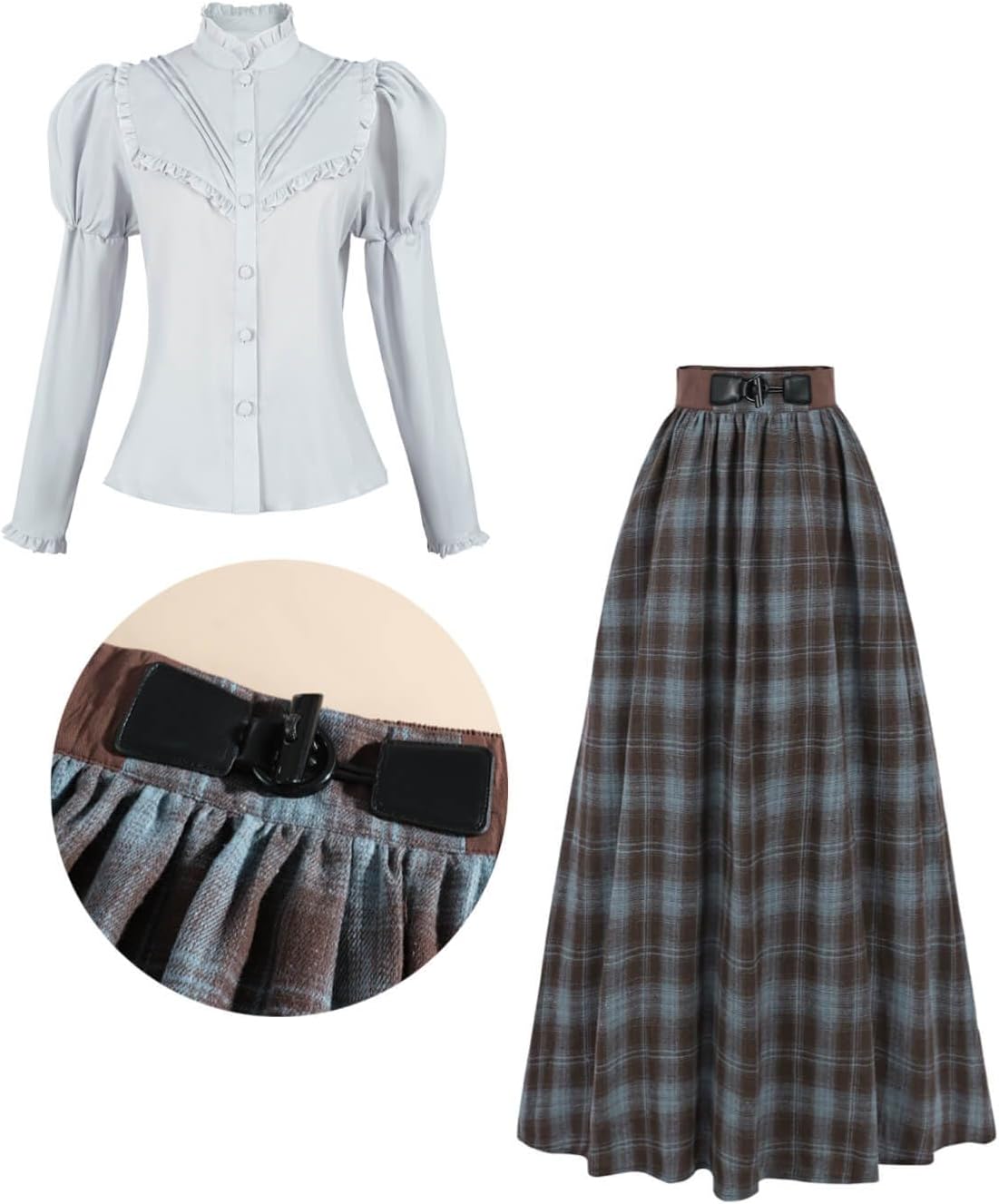 Nuoqi Edwardian Dress for Women 2 Piece 1800s Victorian Costume Blouse with Plaid Skirt - Image 4