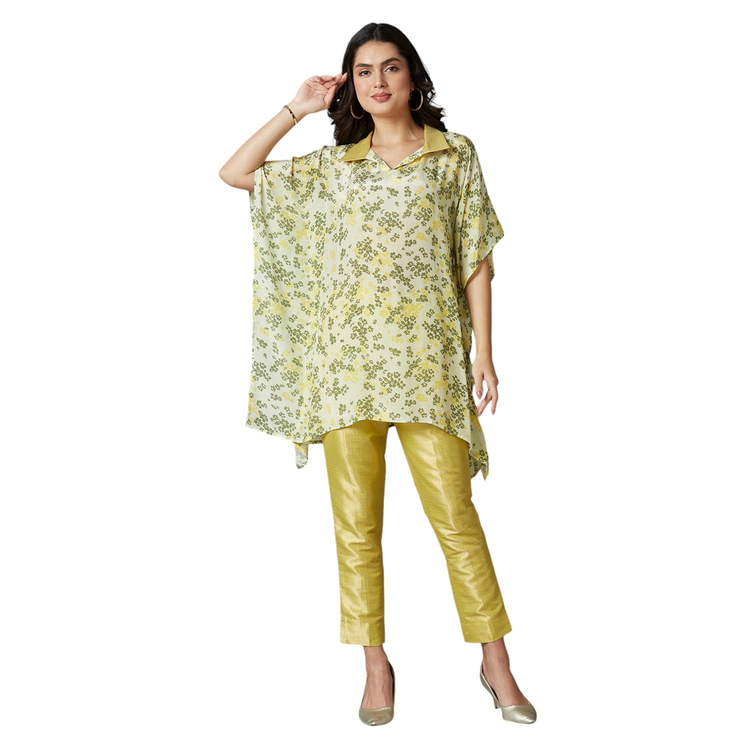 Women's || Lime Floral Printed Kaftan Top with Brocade Collar || Viscose Material || Top Kaftan for Women || Short Kaftan-image-28