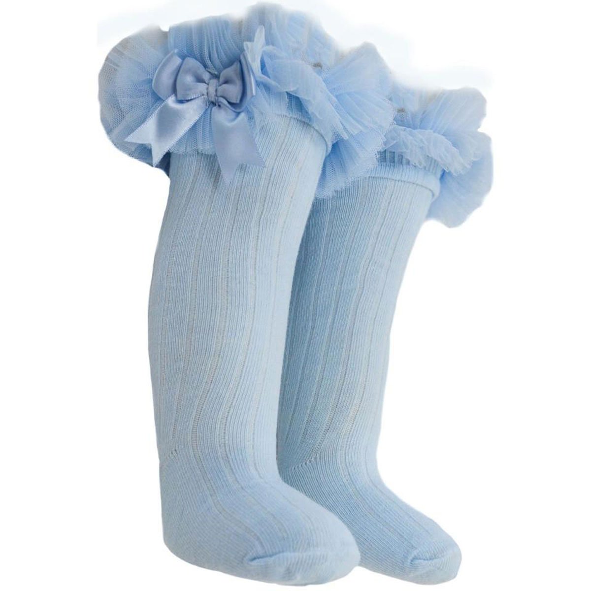 Baby Girls Ribbed Knee Length Tutu Socks With Spanish Satin Organza Lace & Bow From NB To 3-6 Years S72