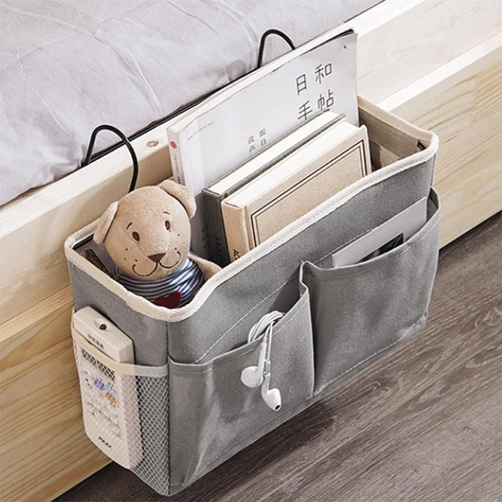 HAB Mart Linen Hanging Bedside Caddy – Bedside Organizer with Pockets for Books, Remote, Earphones,Tablet & More – Hostel Essentials & Multipurpose Storage pack of 1(multi colors)