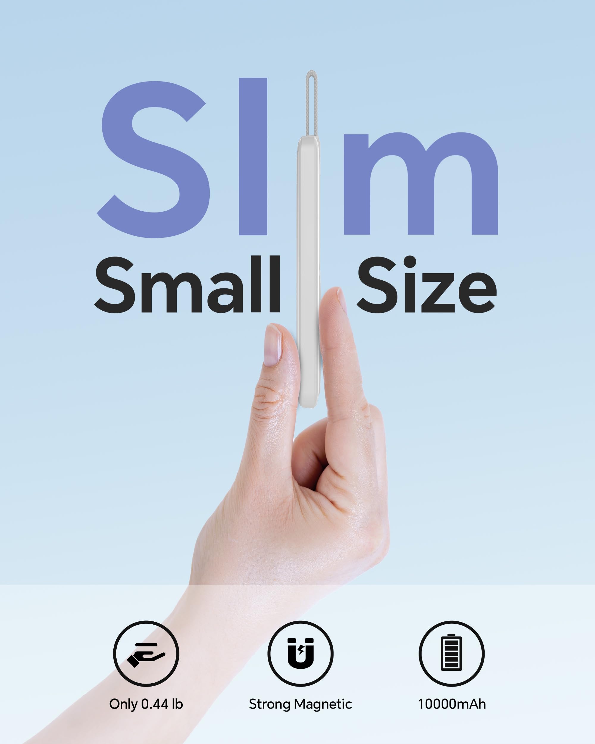 Ultra Slim Portable Charger, 10000mAh Magnetic Power Bank with Build-in USB-C Cable, 22.5W Max Fast Charging Battery Pack for iPhone 15/16 Series MacBook, Galaxy, iPad and etc.