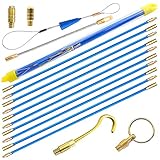 33' Blue Fiberglass Cable Wire Running Rod Coaxial Electrical Connectable Fish Tape Pull Kit With Hook And Hole Kit In Transparent Tube