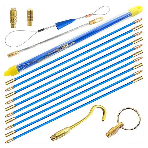 33' Blue Fiberglass Cable Wire Running Rod Coaxial Electrical Connectable Fish Tape Pull Kit with Hook and Hole Kit in Transparent Tube