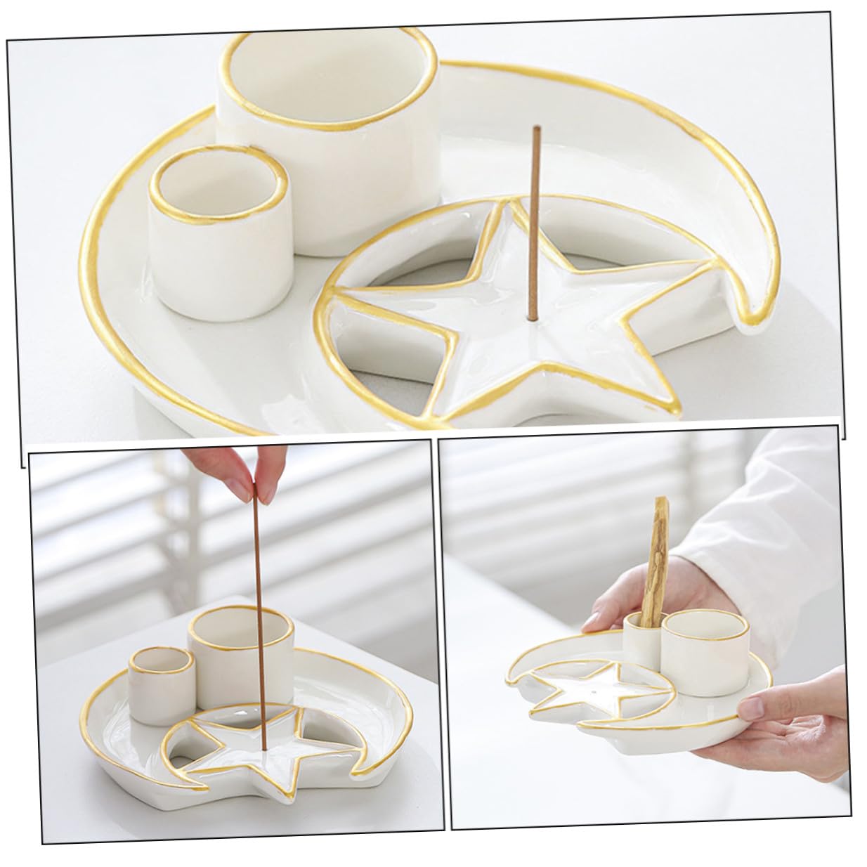 ARTIBETTER Porta Incienso de Cerámica Multifunción Bandeja para Quemar Hierbas y Varitas Soporte Decorativo para Aromaterapia en Hogar Candelabro de Cerámica Día y Noche Adorno Zen