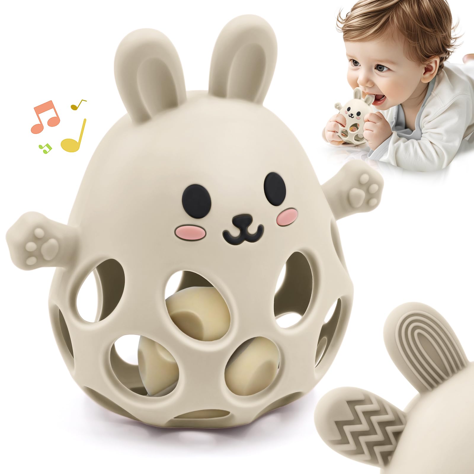 Sensorik Beißring Spielzeug mit Rassel für Baby, Silikon Beißspielzeug für Autistische Kinder, Zahnungshilfe Spielzeug Neugeborene 3 6 9 12 18 Monate Jungen Mädchen Hasen Ostern Geschenke, Beige