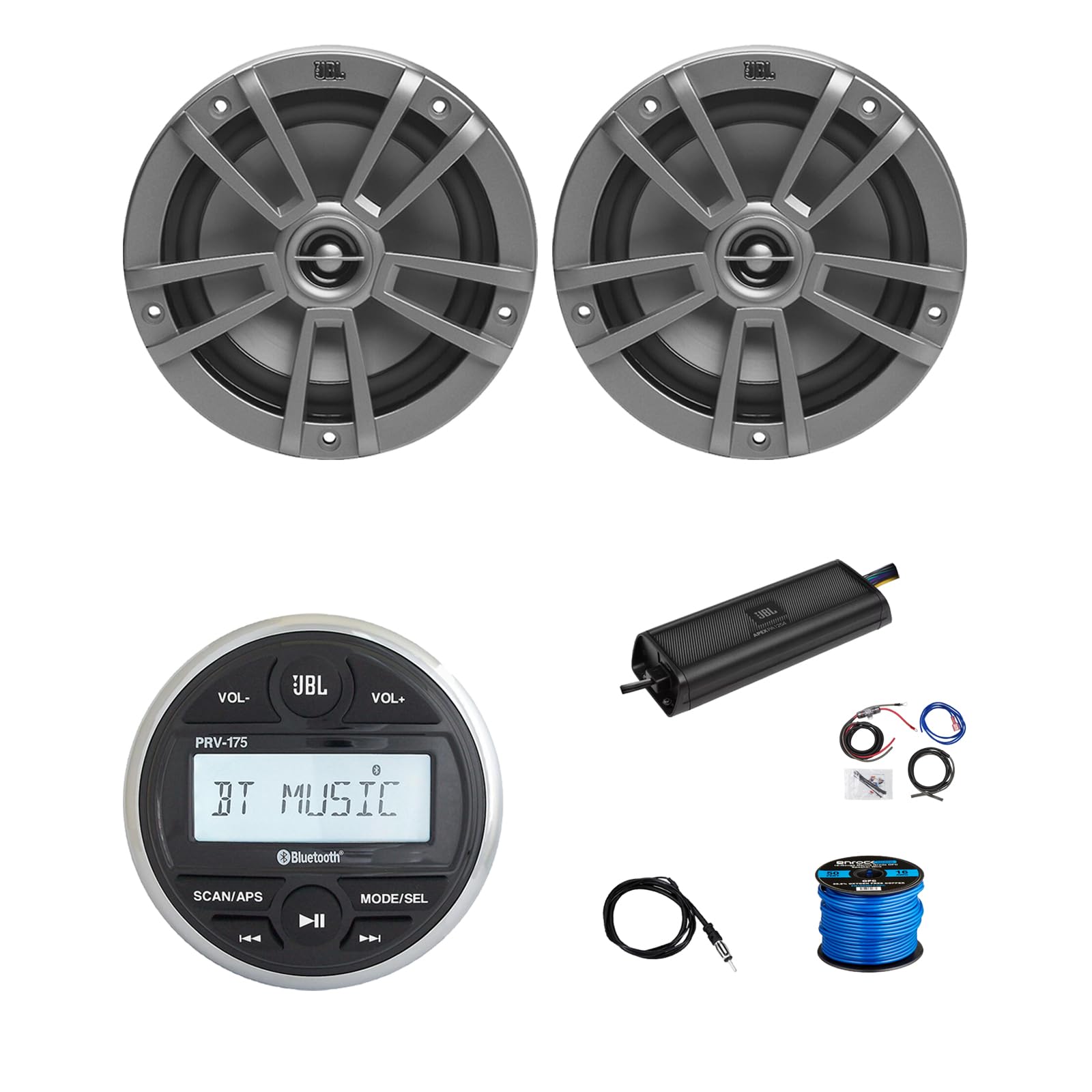Marine Gauge Style Bluetooth AM/FM Receiver, 2X 6.5 180 Watt 2-Way Multi-Element Audio Speakers (Gray), Wire, Antenna, 4-Channel 1250W Amplifier w/Kit