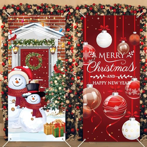 Décoration de porte de Noël bonhomme de neige grand format 90x198 cm lot de 2