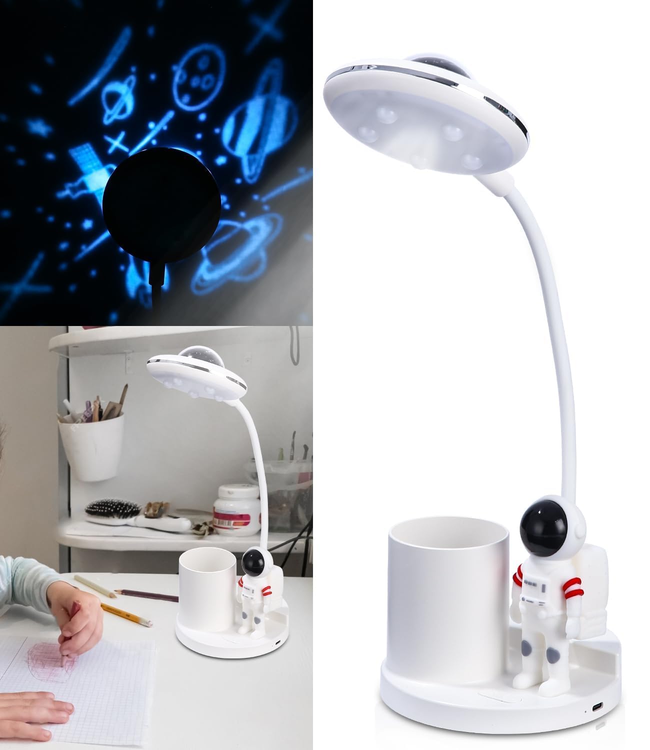 SOBEAU Lámpara Escritorio LED, Lampara de Mesa Regulable con Portabolígrafos y Proyección,Lámpara Escritorio Infantil USB 3 Niveles de Brillo,Lámpara de Mesa Regulable para Estudiar