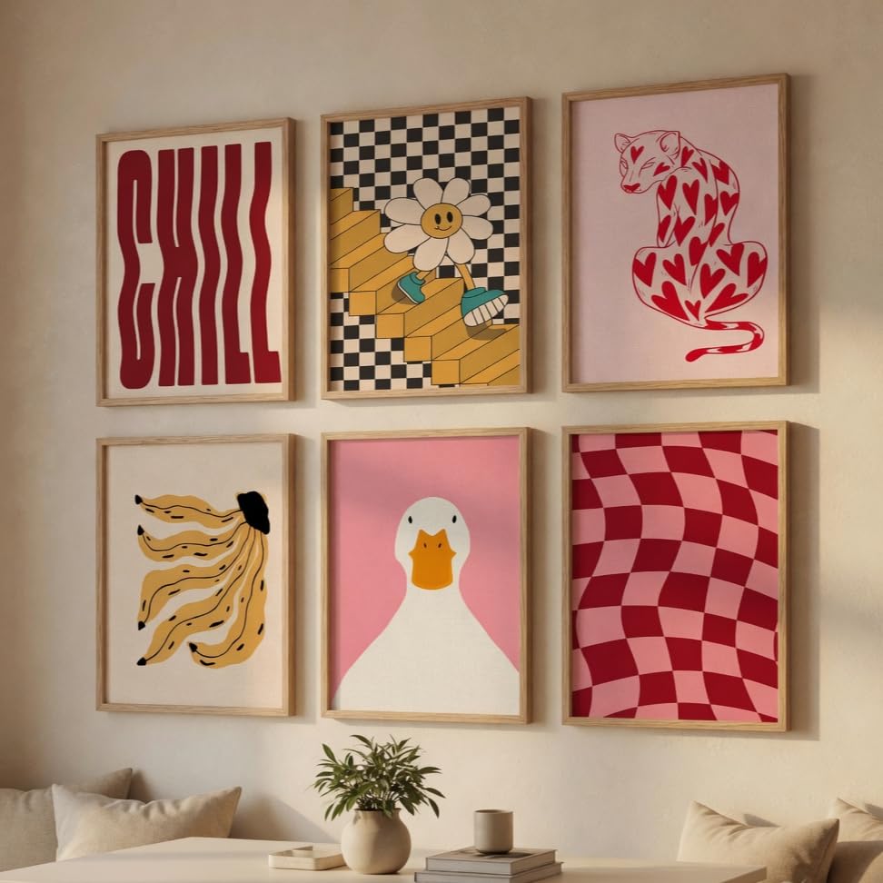 Livin'luxe Retro Funky Wall Art Set of 6 - Premium HD Sparkle Laminated Gallery Decor - Y2K Aesthetic Chill & Pink Cheetah Framed Painting in Wooden Synthetic Frame 11 Inch x 14 Inch-picture-10