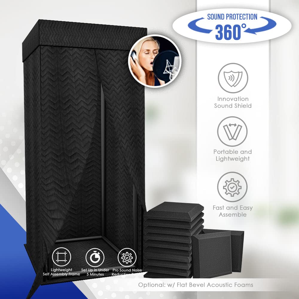 Arrowzoom 1 Sound Absorbing Studio Recording Isolation Booth Kit with 20pcs Flat Bevel Acoustic Foam Portable 360 deg Surround Music Insulator Podcast Noise Reduction Compact Soundproof Black AZ1250