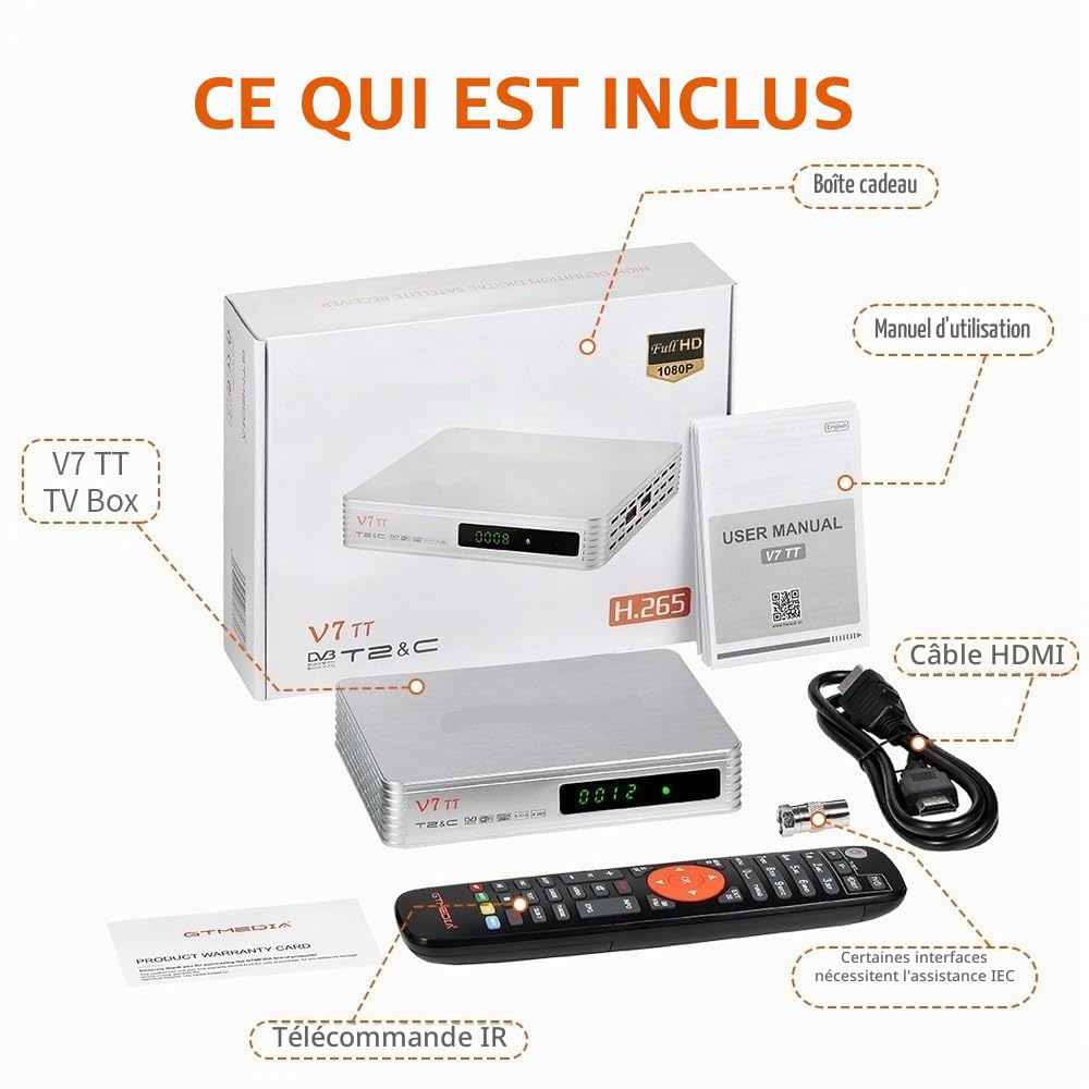 Détecteur de Satellite, Décodeur TNT V7 TT DVB-T/T2 Récepteur TV terrestre H.265 10 bits Full HD 1080p Câble avec antenne WiFi USB/Ethernet