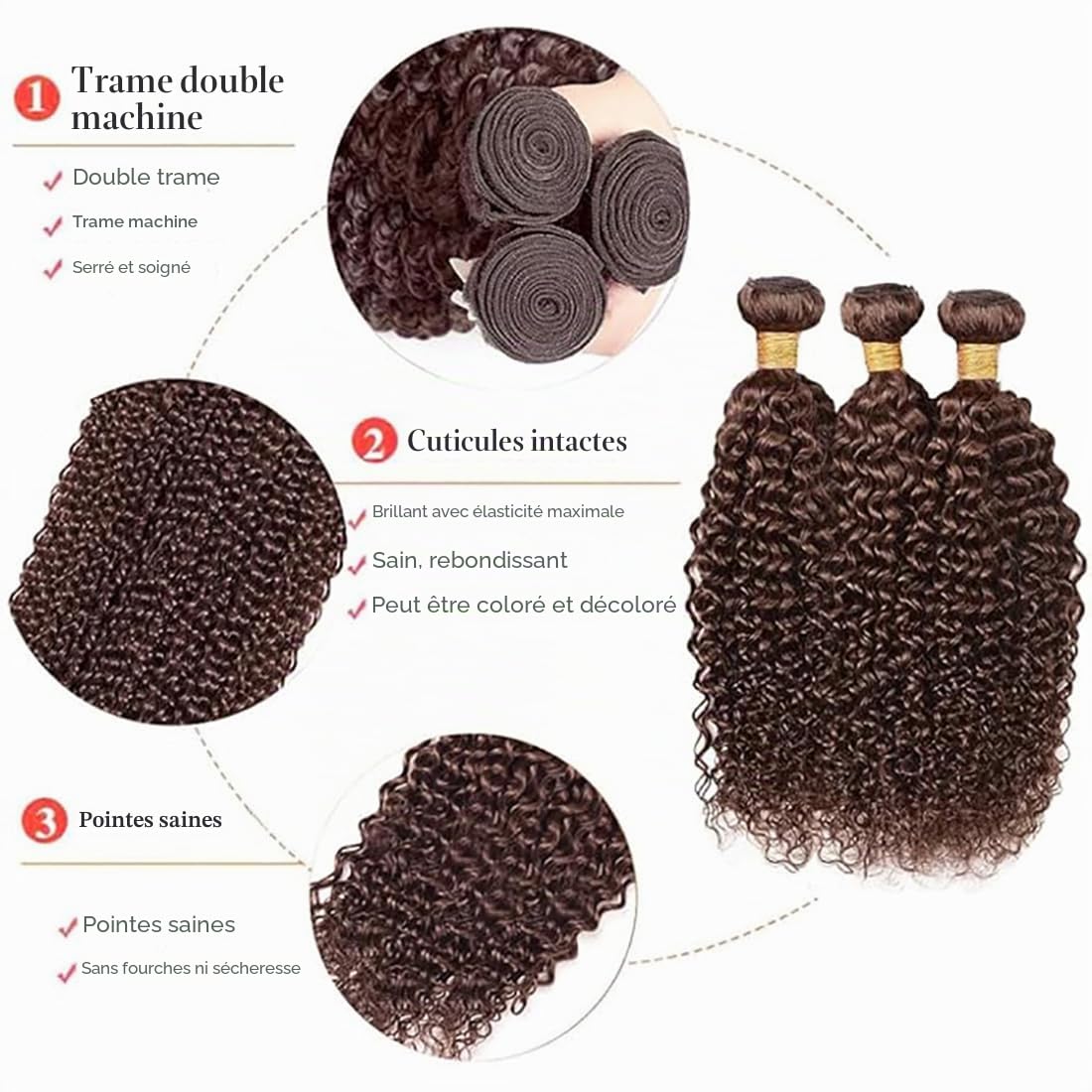 Tissage Naturel Cheveux Humain Curly Wave Human Hair Bundles Double Weft 3 Extensions 50g/Per #4 Chocolate Brown Couleur Tissage en lot Cheveux Naturel 12 14 16 Pouce