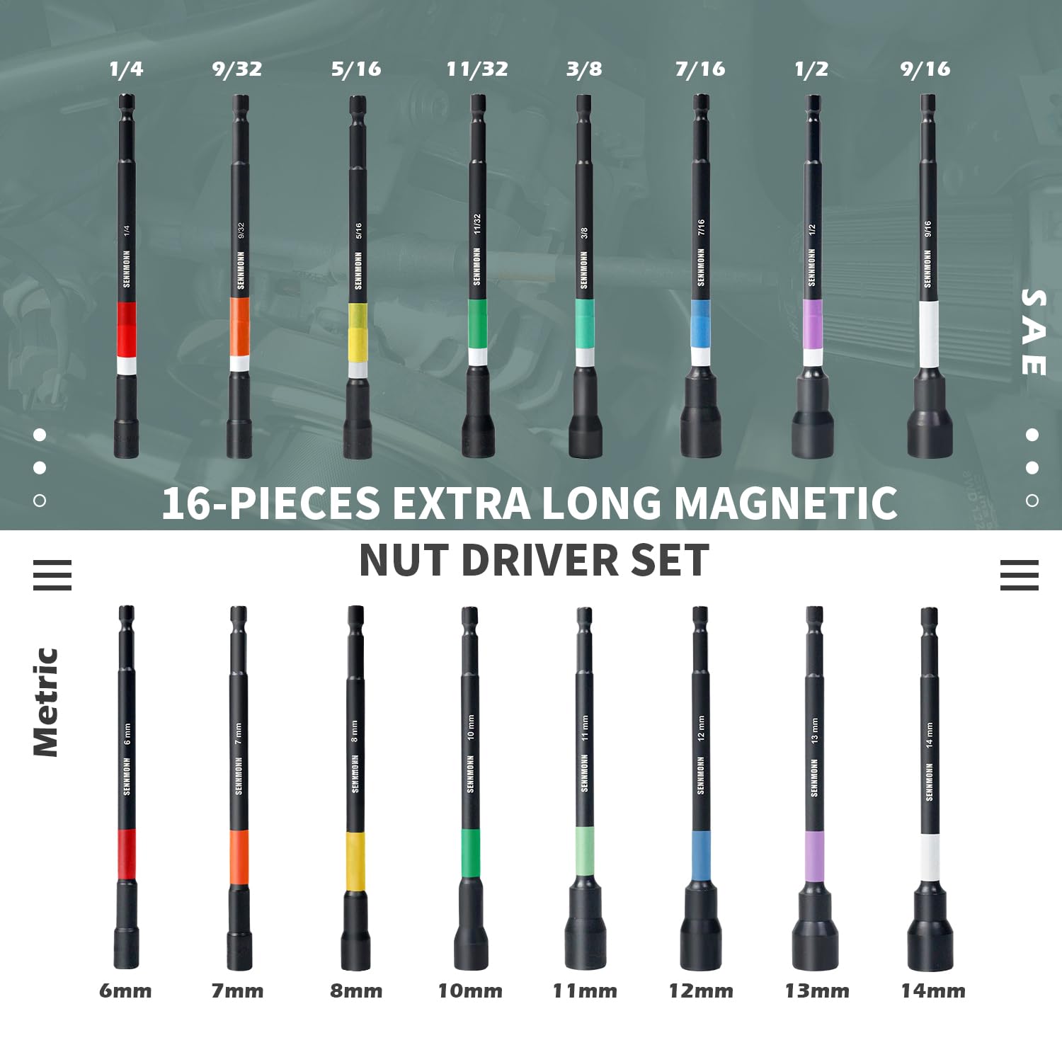 SENNMONN Magnetic Nut Driver Set, 16 PCS Long Nut Driver Set, 6