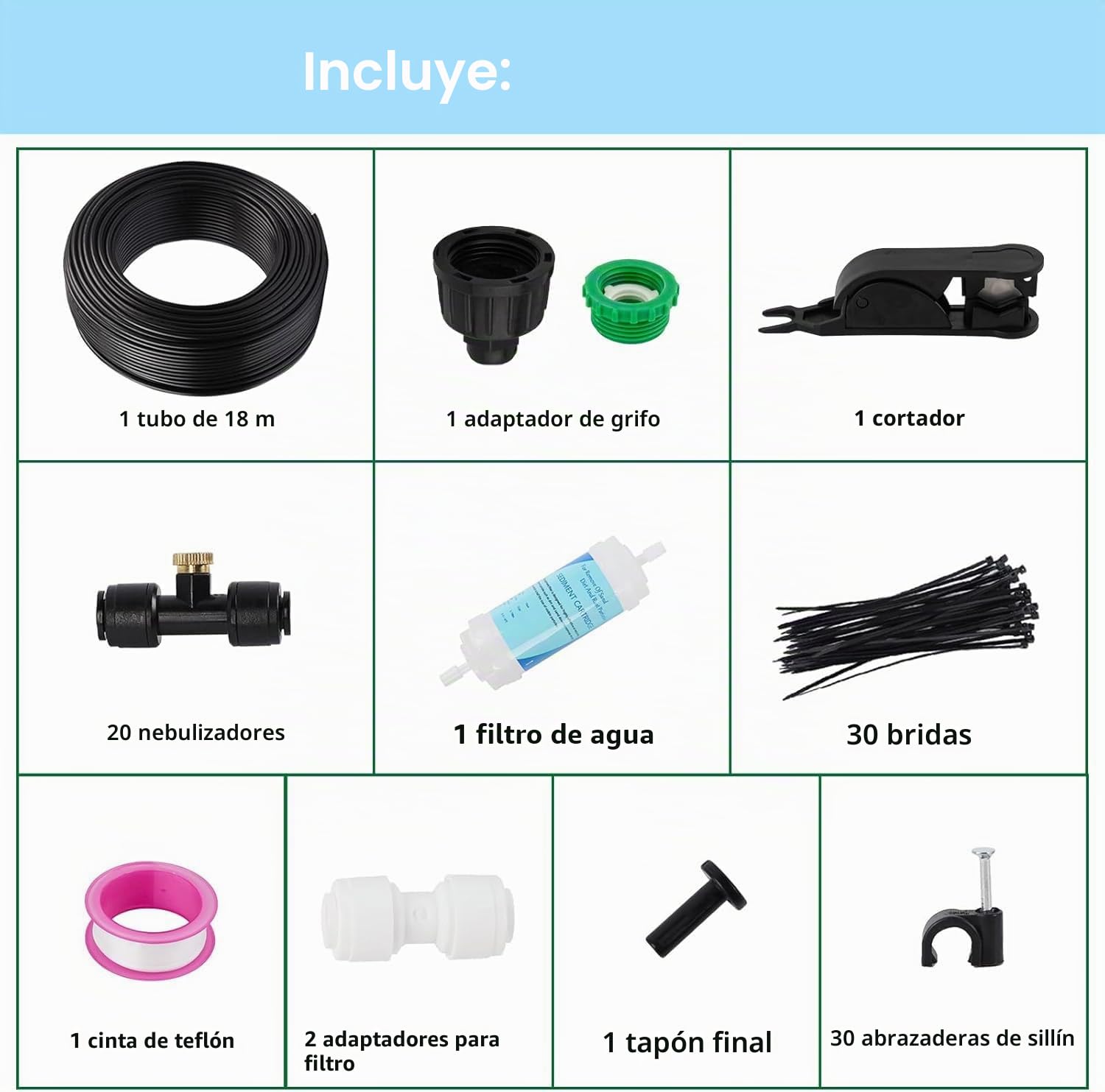 Landrip - Kit de nebulizador exterior (19 m, con 20 boquillas + 1 adaptador de 3/4 pulgadas, para jardín, terraza, invernadero y parque acuático