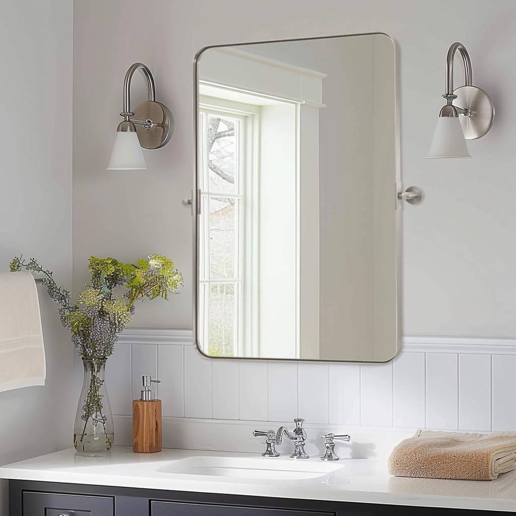 MOON MIRROR Brushed Nickel Pivot Rectangle Bathroom Mirror, Modern Tiltable Rounded Rectangular Pivoting Vanity Mirrors for Wall, Stainless Steel Metal Frame, Overall 24.33 x 30 in (Mirror 20x30 in) Brushed Nickel 30"L x 20"W