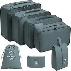 Kirk Kit Organizador de Malas Viagem 7 Peças, Cubos Organizadores Poliéster Premium, Bolsas e Necessaires para Roupas, Sapatos e Cosméticos (Cinza)