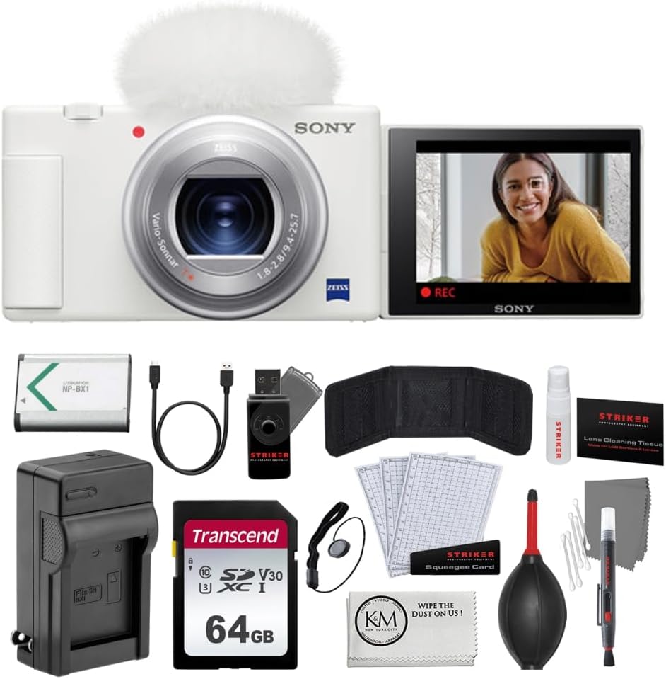 SonyZV-1 Digital Camera | White Bundled with 64GB Memory Card + Photo Starter Kit (11 Pieces) + Battery Charger for Sony NP-BX1 + Microfiber Cleaning Cloth (5 Items)