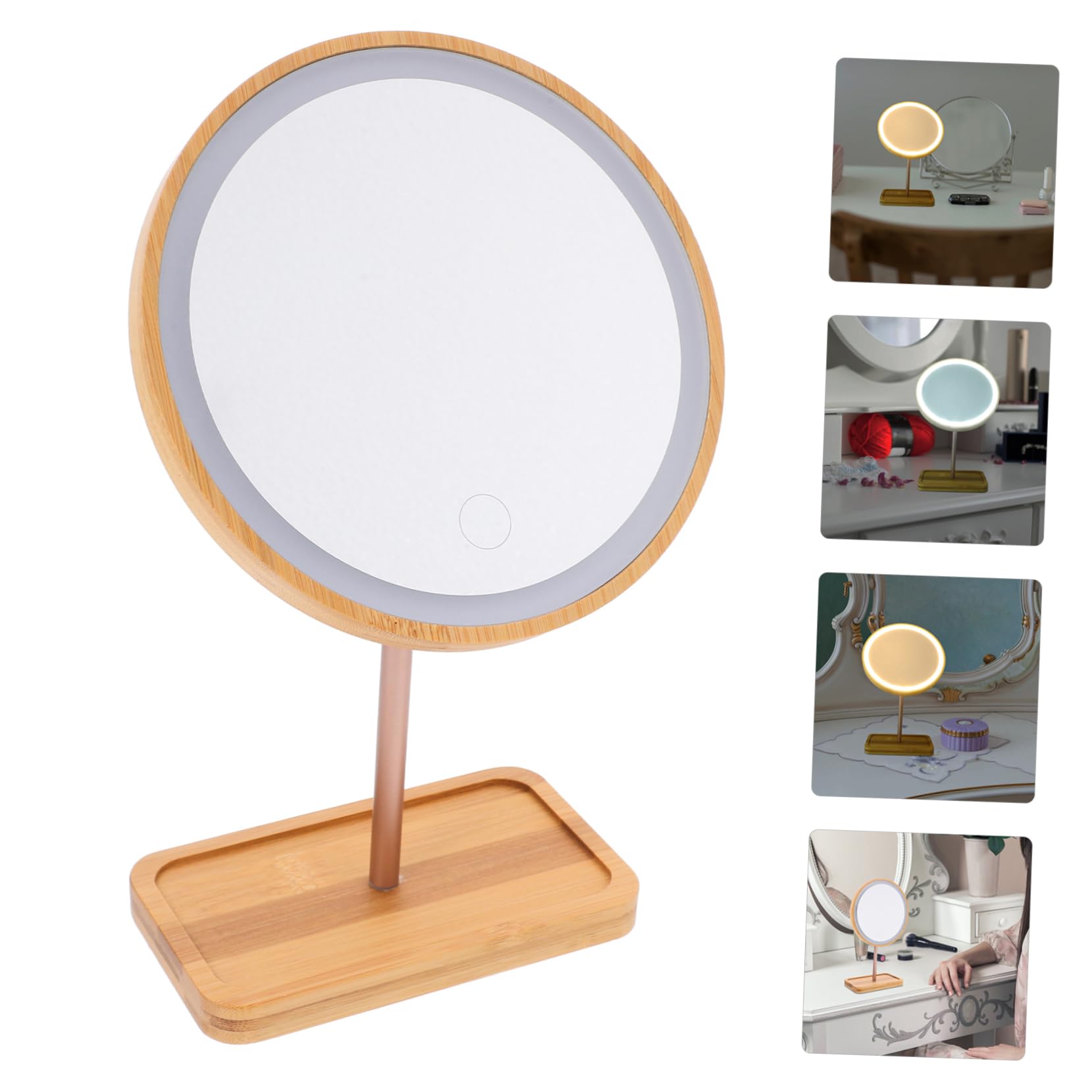 FRCOLOR Specchio da Tavolo LED in Legno con Luce e Batteria 1200ma | Vassoio Integrato, Struttura in Alluminio, per Dressing Tables e Bedroom Dressers