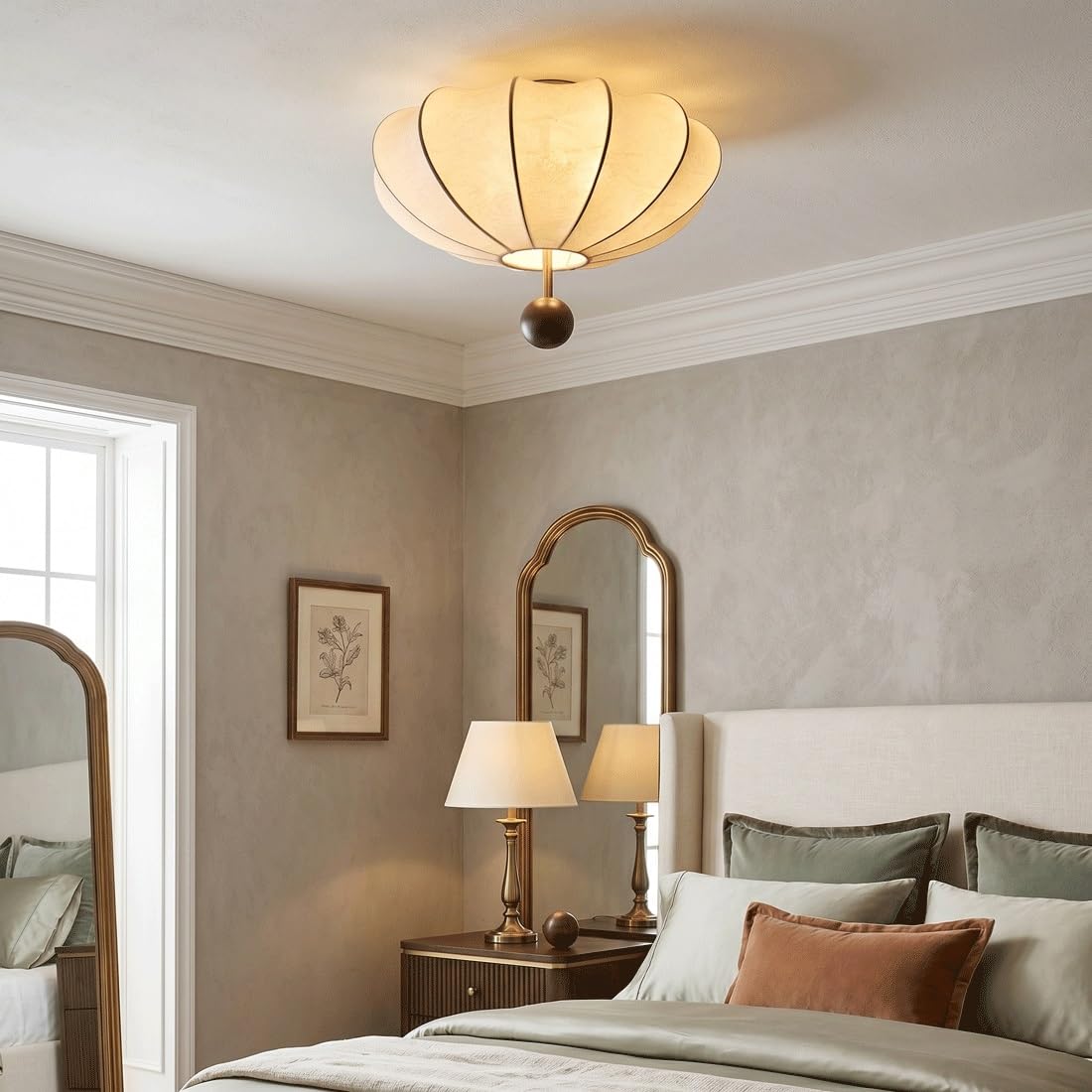 Francuska lampa sufitowa z tkaniny z połowy wieku, orientalna lampa podtynkowa Zen z dekoracją z litego drewna, oświetlenie w stylu art deco, do sypialni, salonu, gabinetu, przedszkola, przedpokoju