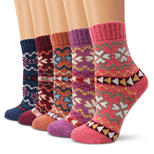 Image of Winter Women Socks 5 Pairs Vintage Wool Casual Thermal Crew Socks