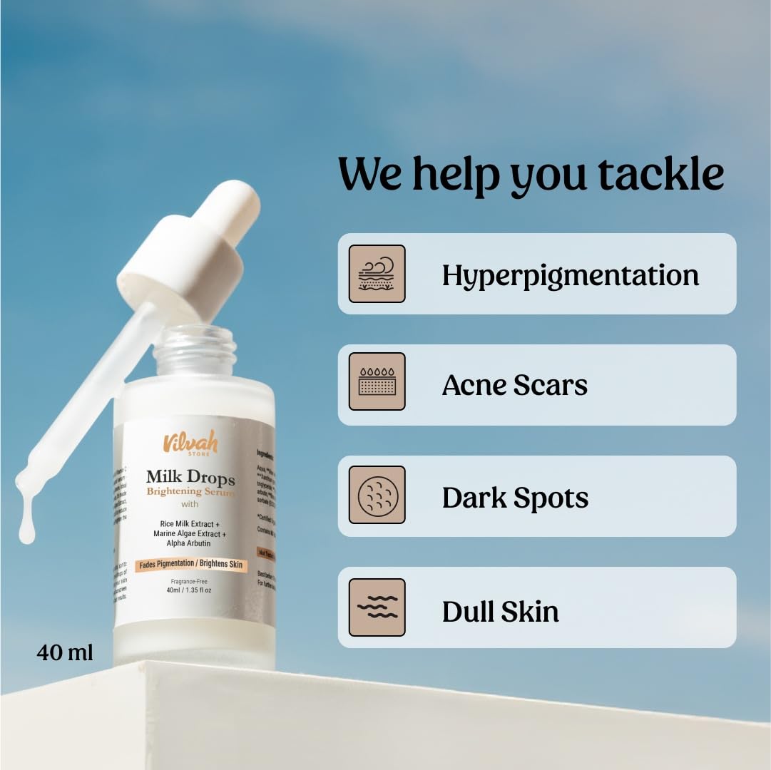 Vilvah Store Milk Drops Brightening Serum Formulated With Rice Milk Extract, Marine Algae Extract, Alpha Arbutin, Fades Scars, Brightens Skin & Even Skin Tone For All Skin Type, 40ml - Image 3 thumbnail