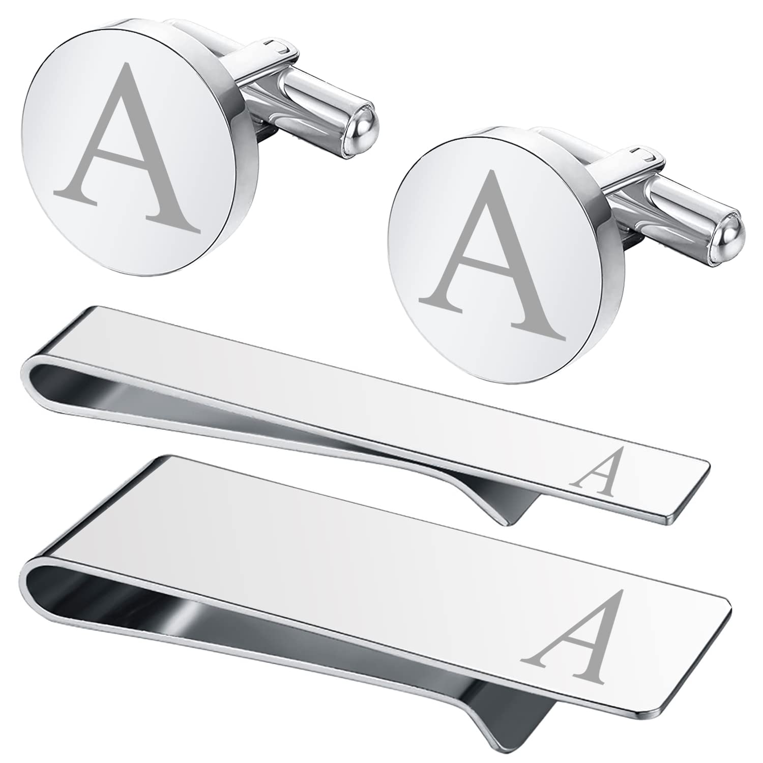 BodyJ4You 4PC Cufflinks, Tie Bar, Money Clip - Initial A-Z Engraving Alphabet Letter - Mirror Polished Steel Jewelry Set - Men's Cuff Links Shirt Suit - Fathers Day Wedding Groom Gift Box