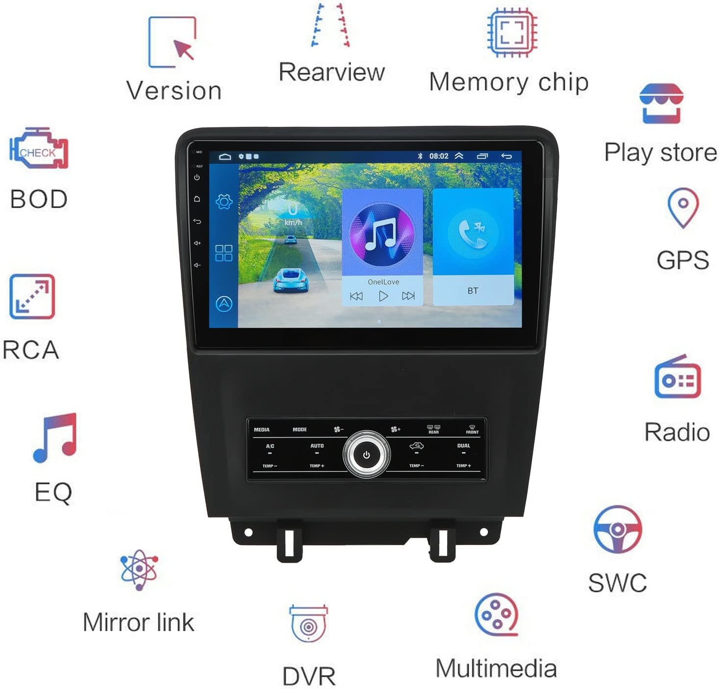 Diagram illustrating various features of the car stereo including rearview camera support, memory chip, Play Store, GPS, radio, steering wheel control, mirror link, DVR, and multimedia.