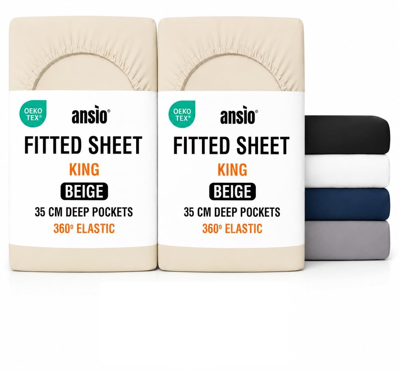 ANSIO® King Size (2 Pack) Fitted Sheet Soft Brushed Microfibre Fabric – Extra Deep Pocket 35cm – All-Around Elastic – OEKO-TEX Certified – Easy Care & Naturally Smooth After Wash - Beige