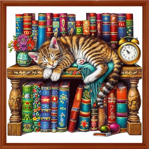 Image of Hopeart Stamped Cross Stitch Kits for Beginner Embroidery Kits for Beginners Adults DIY 11CT Cross Stitch Patterns Needlepoint Kits Crossstitching Kits-Cat Sleeping in on the Bookshelf 18x18 inchs