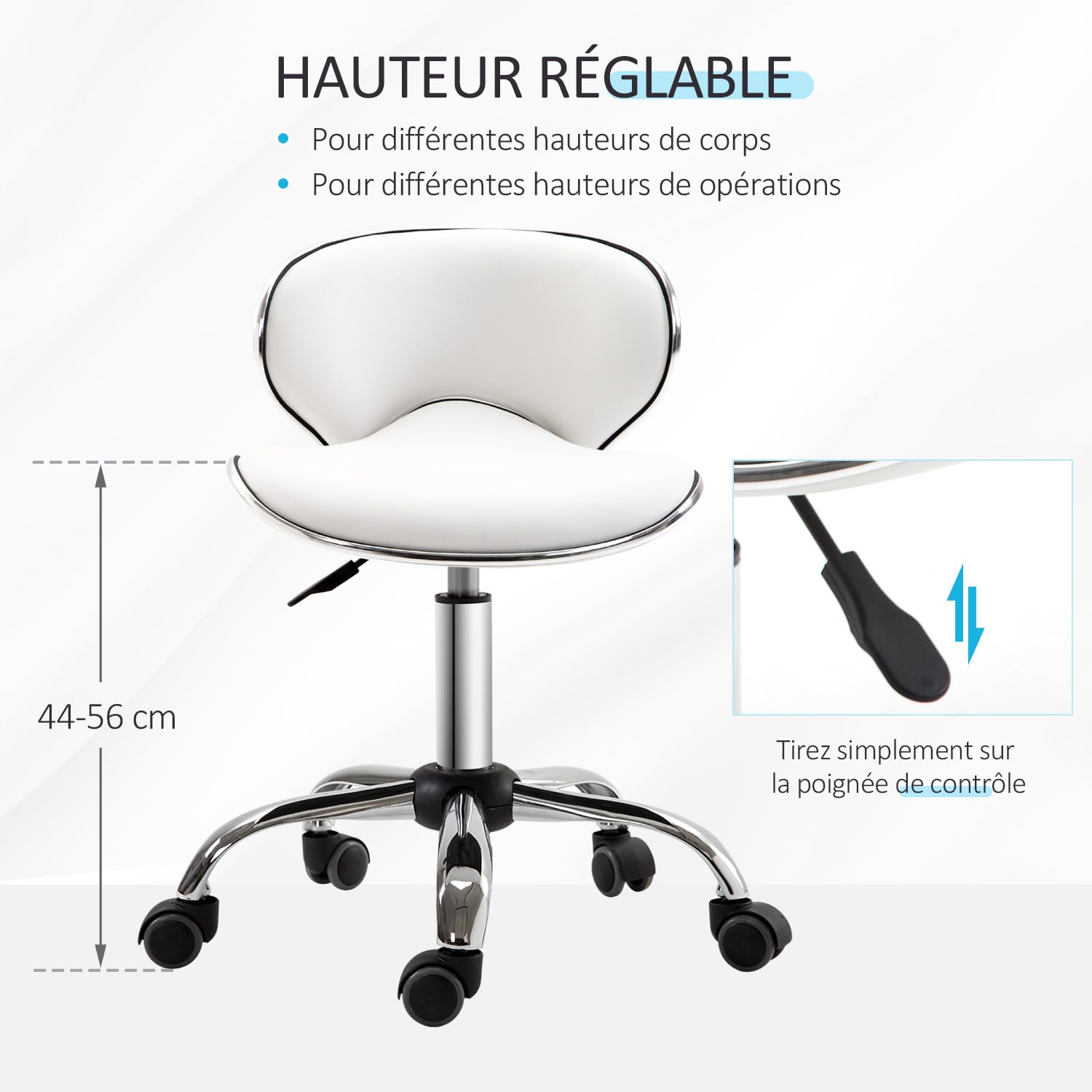 HOMCOM Tabouret à roulettes réglable 44-56 cm pivotant 360° Blanc Bureau Massage Clinique