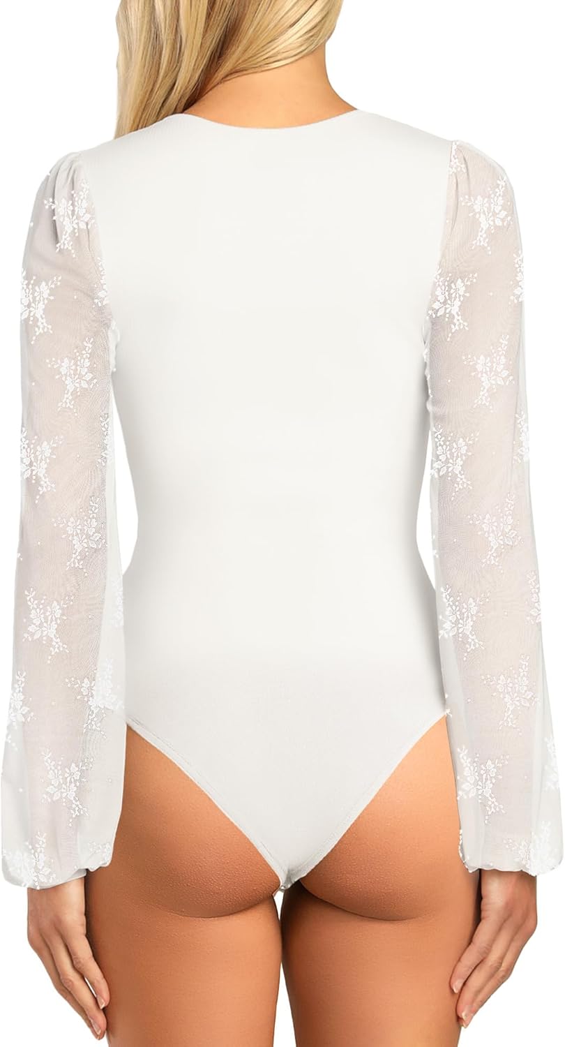 Aisbei Women's Sexy Long Sleeve Sheer Mesh See Through Going Out Bodysuits Tops - Image 2