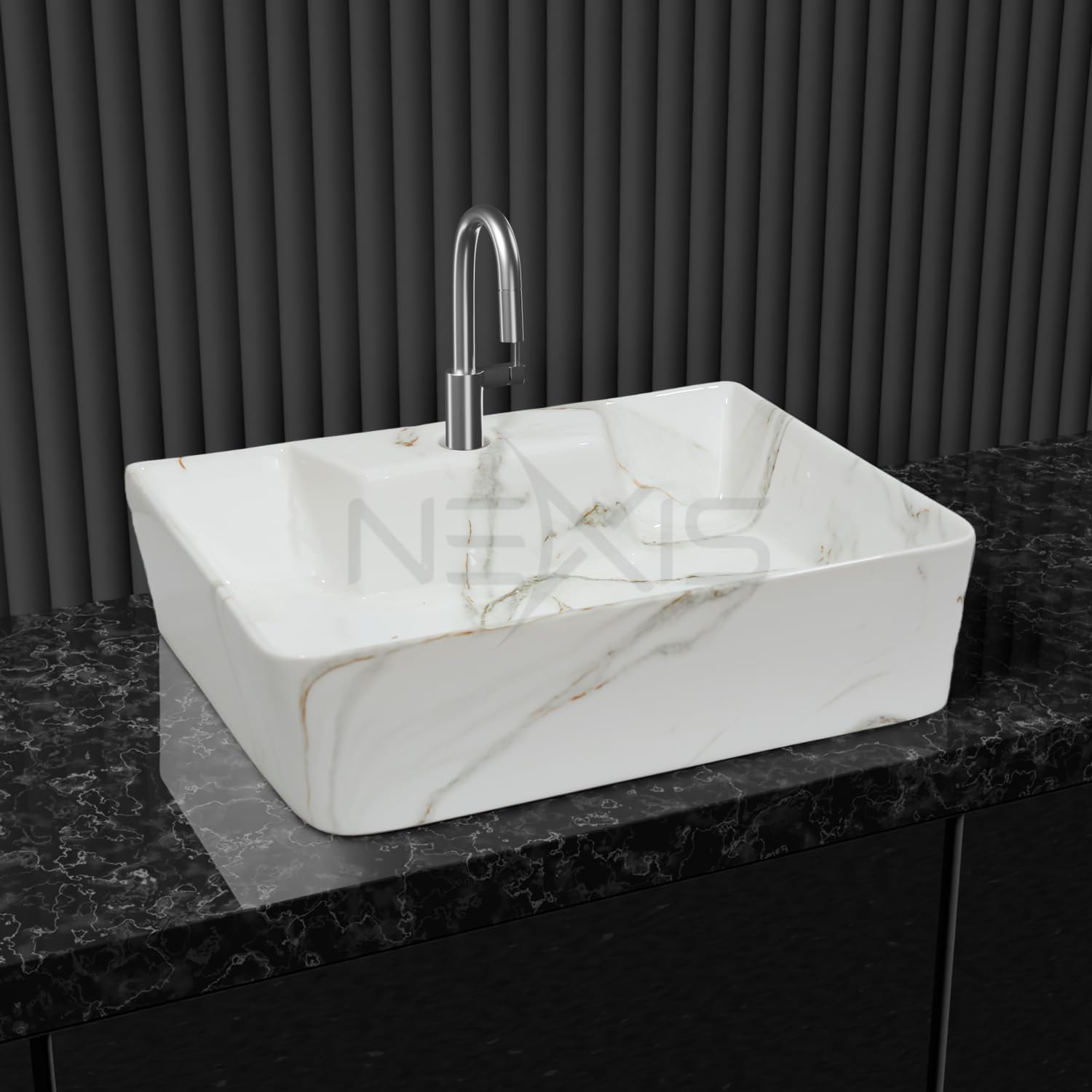 NEXIS Designer Ceramic Table Top Wash Basin For Bathroom | Wall Hung Washbasin | Wall Mounted Bathroom Sink | Wash Basin For Restaurant, Hotel (16 x 12 x 5 Inch) (White) 2
