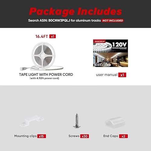 Miniatura 8 de Shine Decor Tira de Luces LED Súper Brillante 4000LM, Plug & Play, 120V, Sin Driver, Cableado Fácil, Sin Parpadeo, Resistente a la Intemperie para