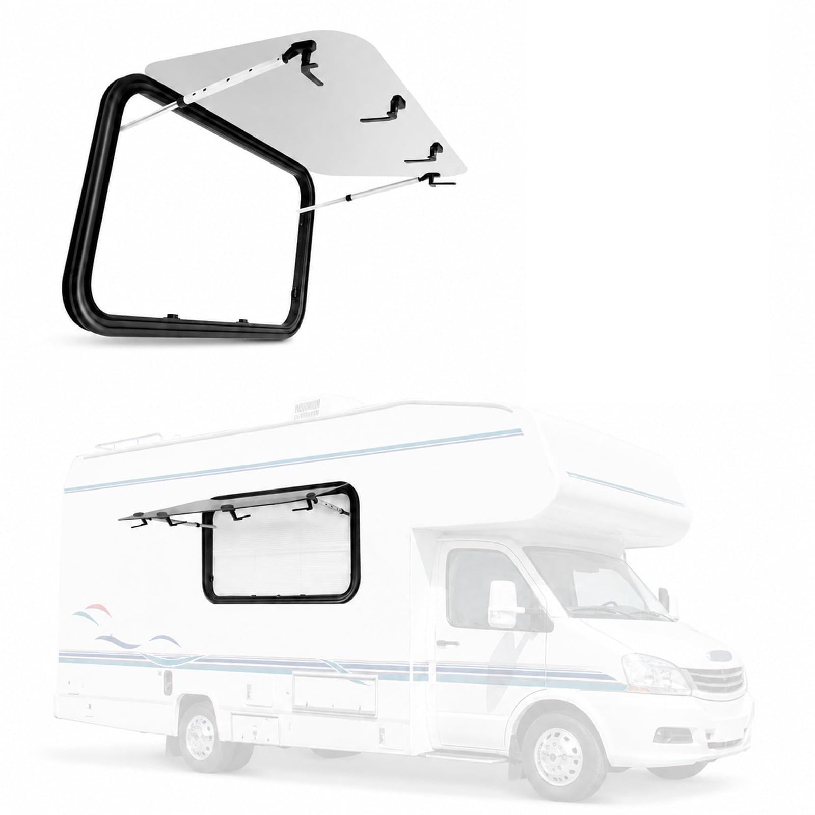 Fenêtre Camping Car 90 x 55 cm, Baie Projetable 65° avec Moustiquaire, Fenêtre Latérale en Aluminium et Verre Trempé Noir, pour Caravane, Van, Fourgon Aménagé, Remorque