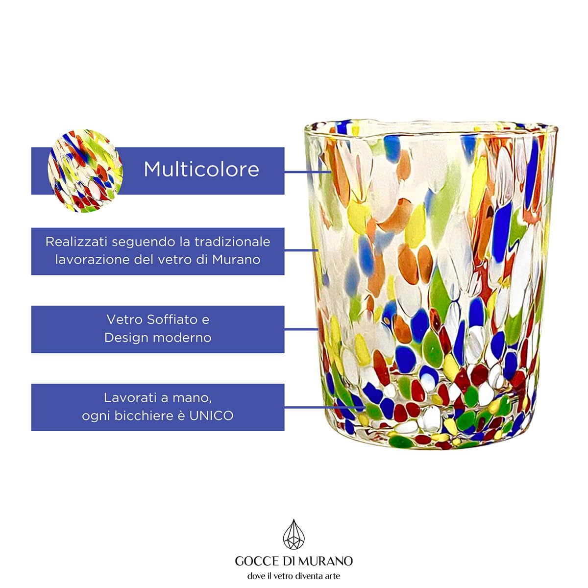 Gocce di Murano Un vaso de lluvia arco iris de cristal de Murano soplado 300 ml hecho a mano colorido paquete 2 copas de agua elegante y precioso (multicolor, 2)