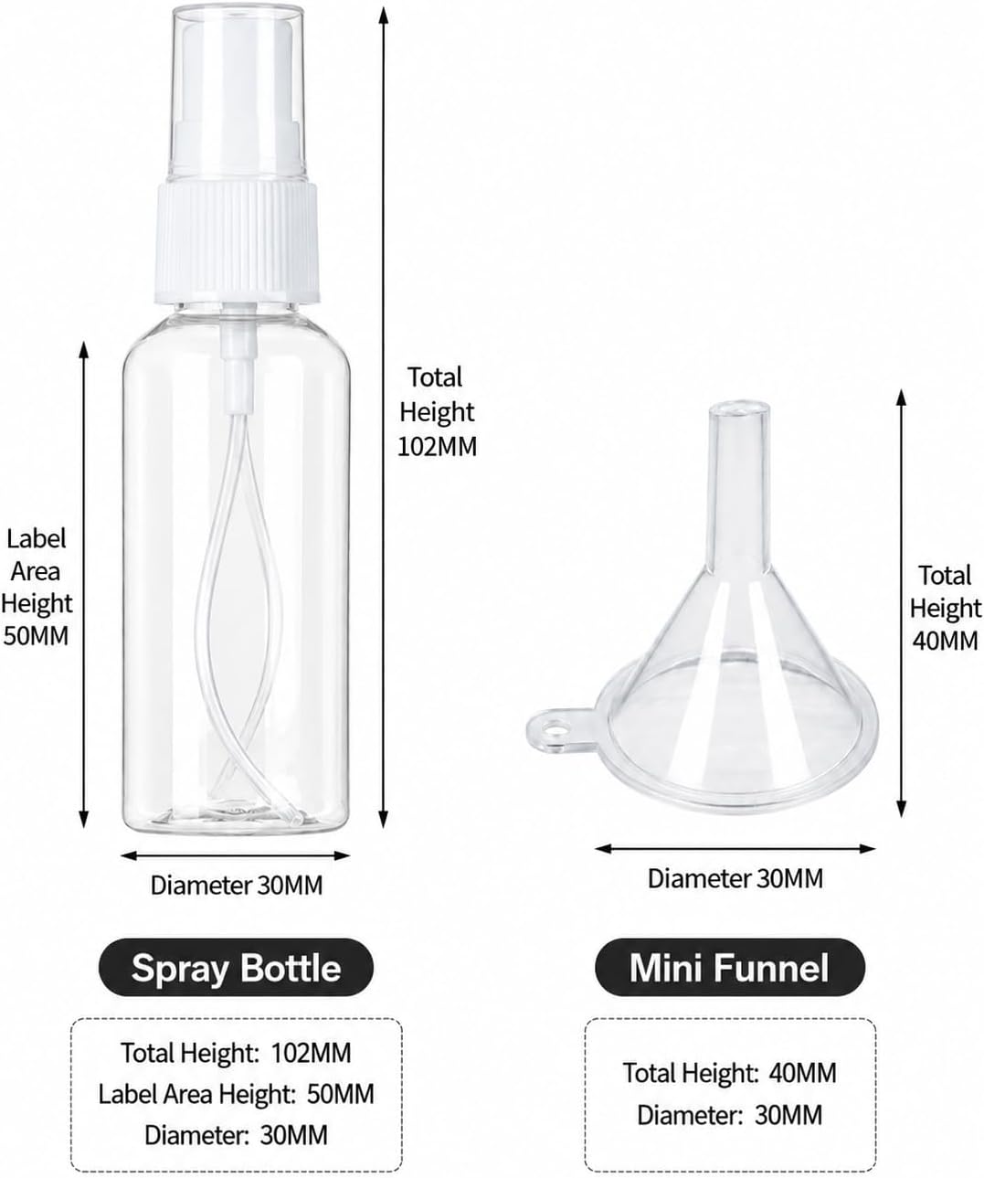 3 Pack Empty Spray Bottles, 1 oz Refillable Fine Mist Spray Bottles with Funnel & Labels, Leakproof Clear Travel Containers with Fine Mist Nozzle for Skincare, Hair, Plants, Cleaning & Oils