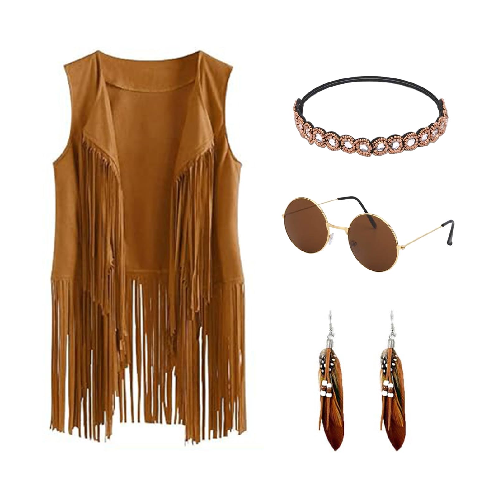 Disfraz hippie para mujer, conjunto de flecos, chaleco sin mangas, ropa de los años 60 y 70, disfraz de mujer y niña, color marrón, con flecos, chaleco hippie, accesorios para carnaval,
