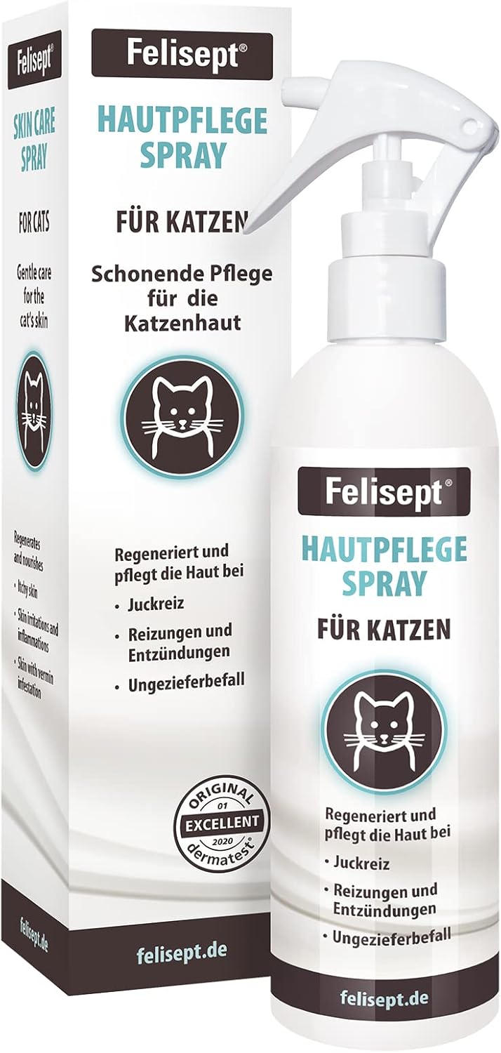 Felisept Hautpflegespray für Katzen 250 ml – Milbenspray Katze – Grasmilben Katze – Juckreiz Katze – Gegen Schuppen bei Katzen – Juckreizspray Katze – Milde Pflegelotion mit natürlichen Wirkstoffen Felisept Hautpflegespray für Katzen 250 ml – Milbenspray Katze – Grasmilben Katze – Juckreiz Katze – Gegen Schuppen bei Katzen – Juckreizspray Katze – Milde Pflegelotion mit natürlichen Wirkstoffen