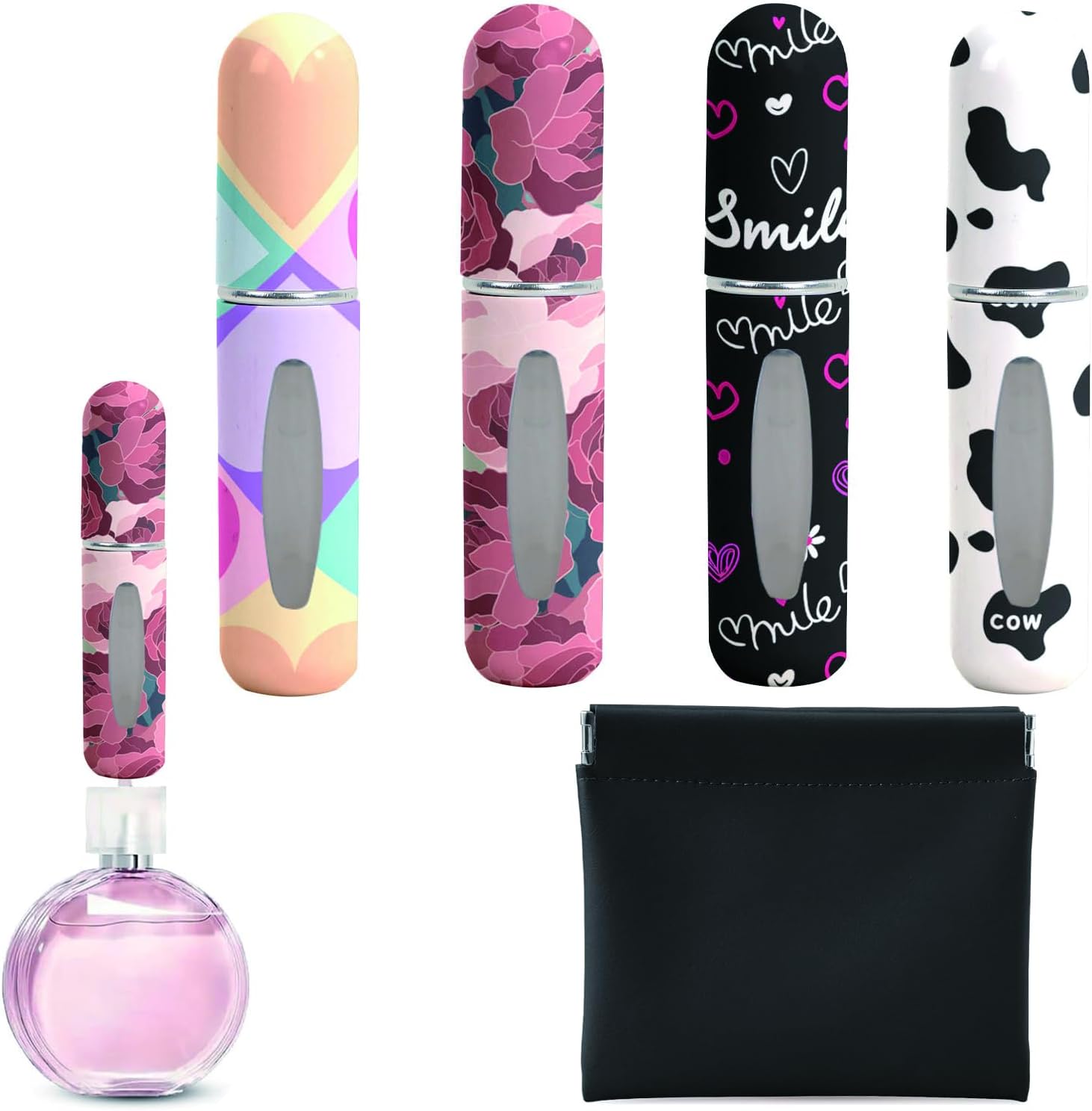 Perfume Travel Refillable Bottle– Portable Mini Sprayer,Empty Perfume Bottles with Unique Patterns,Refill Pump Case for Traveling and Outgoing,4 Pcs of 5 ml and Outgoing Bag(Trendy Fun Series)