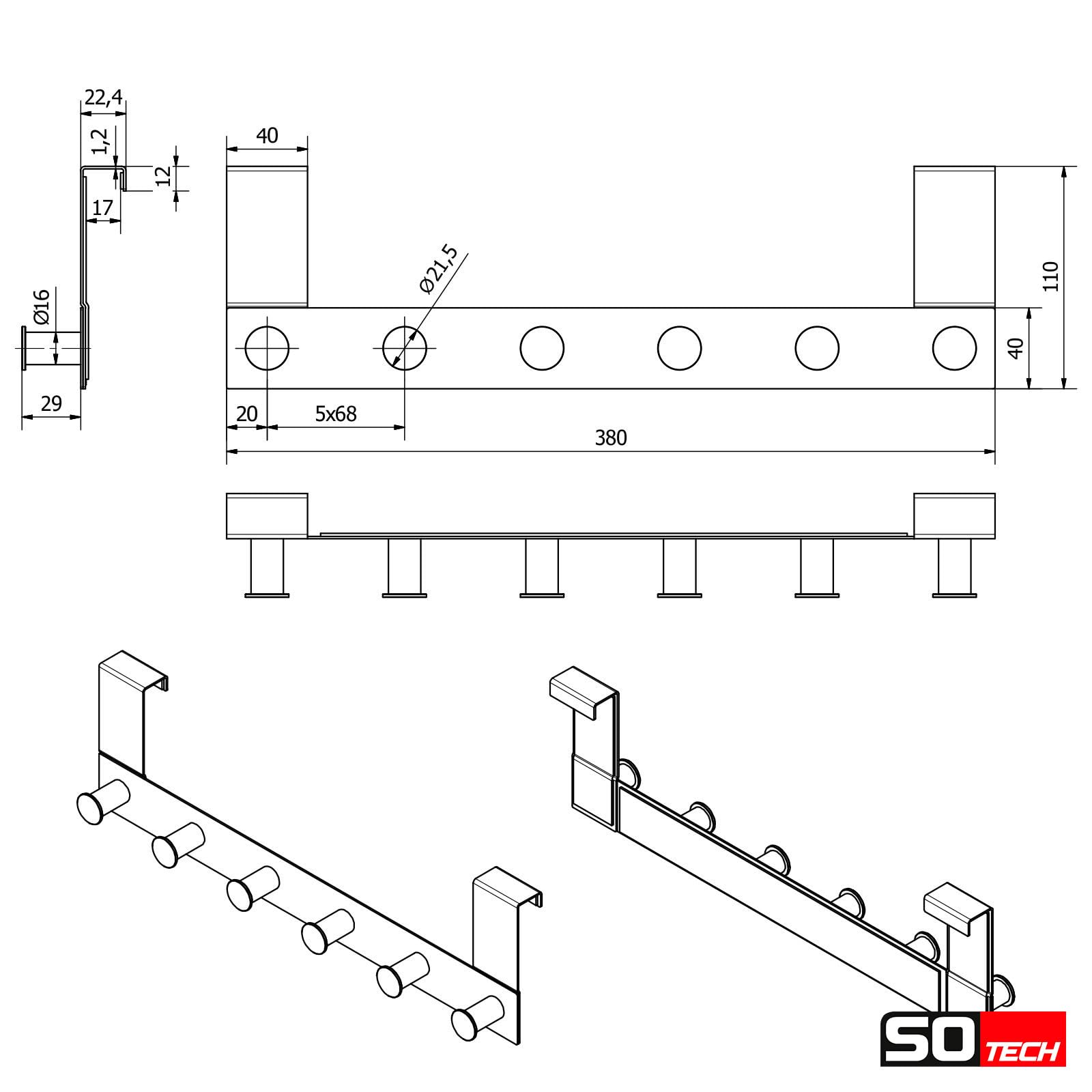 SOTECH Appendiabiti per Porte Linea I Acciaio Inox Opaco 380 x 110 mm 6 Ganci Battuta Max 16 mm