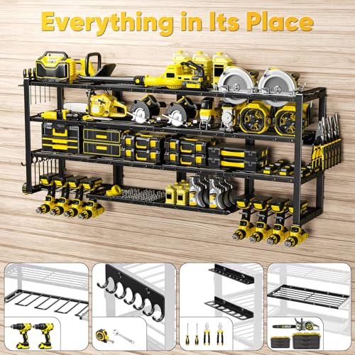 POKIPO Extra Large 64" W Power Tool Organizer Wall Mount, Load 1000 lbs, Heavy Duty 4 Tier Garage Storage Rack with 8 Drill Holders, 2 in 1 Corner or Straight Installation — view 3