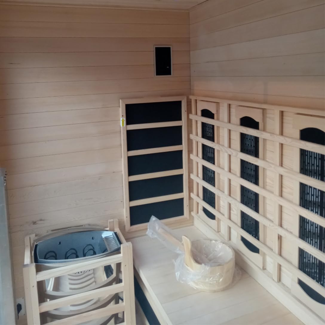 3-Person Hybrid Home Wood Sauna, Indoor/Outdoor WiFi Control Far Infrared & Traditional Hemlock Steam Saunas Spa Room with Red Light Therapy, 11 Heaters& Electric Stove, Accessories, Rightdoor