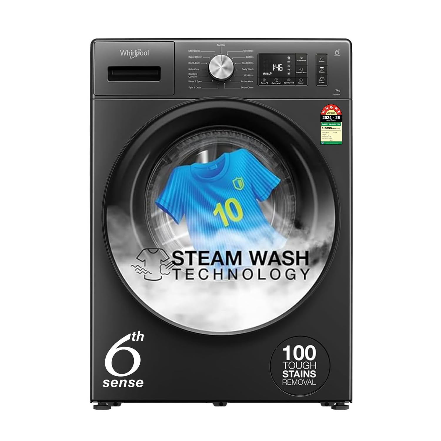 Whirlpool 7 Kg 5 Star Inverter Front Load Washing Machine with In-Built Heater (SUPREME CARE 7012 -E, Midnight Grey, 100+ Tough Stains, Steam Technology, 2025 Model)