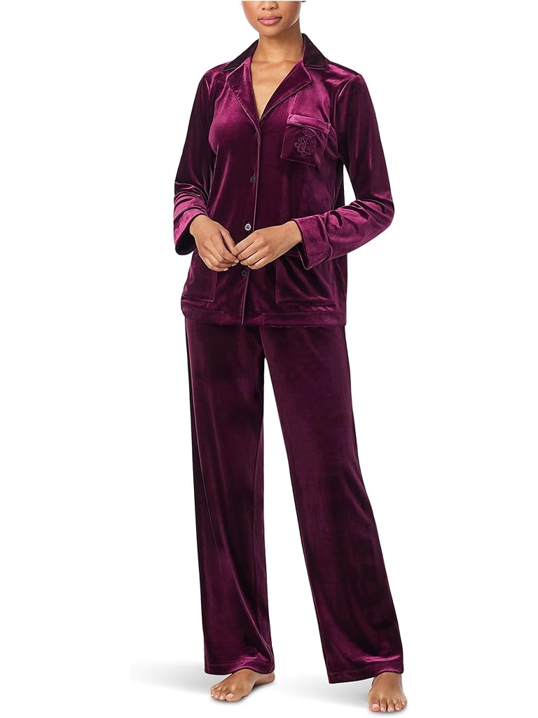 Burgundy Lauren Ralph Lauren Long Sleeve Velvet Notch Collar Long PJ Set