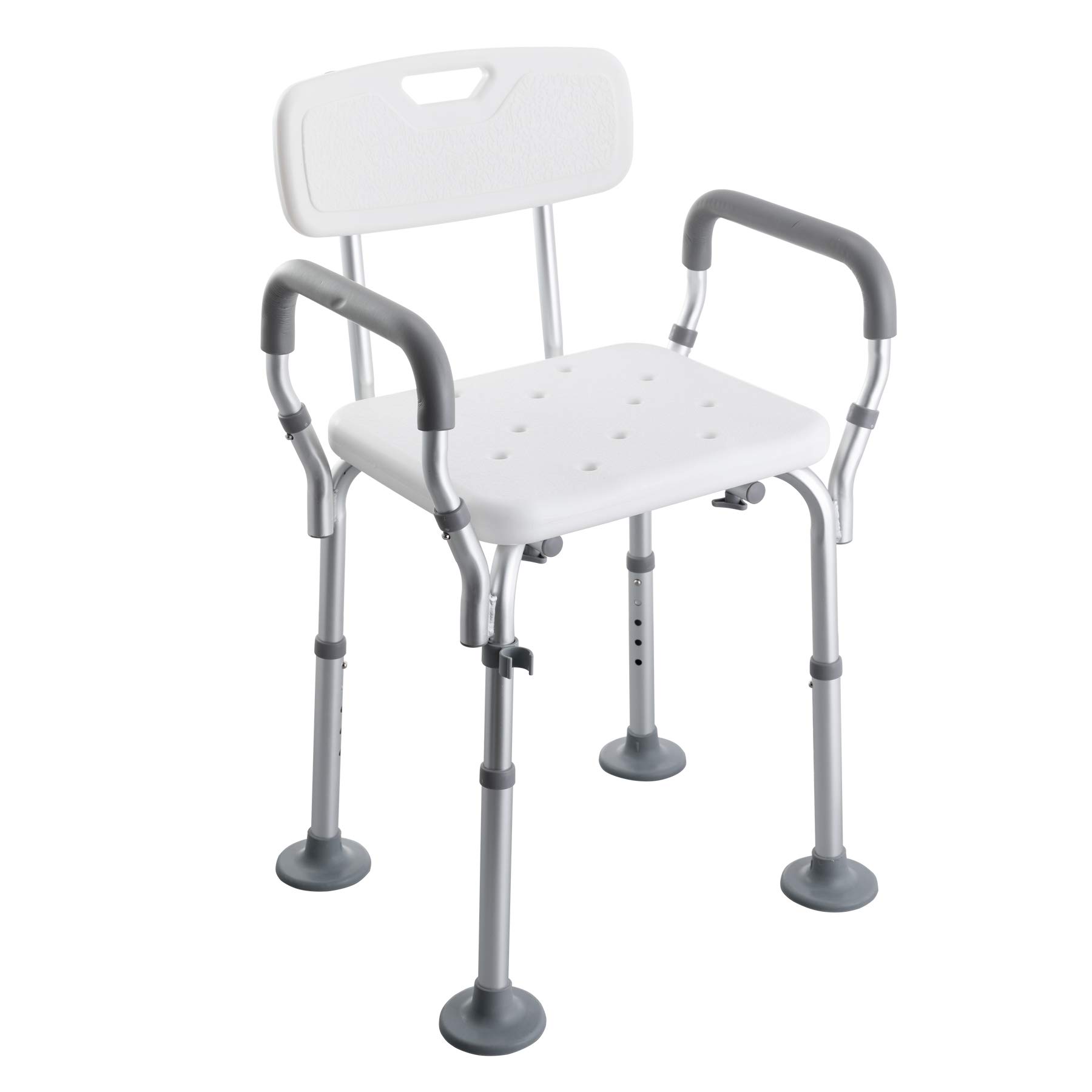 CO-Z Sgabello per Doccia Portatile Sedile da Bagno in Alluminio con Schienale e Braccioli Panca da Doccia Regolabile da 5 Altezza Sedia con Telaio Largo Piedini in Gomma Antiscivolo
