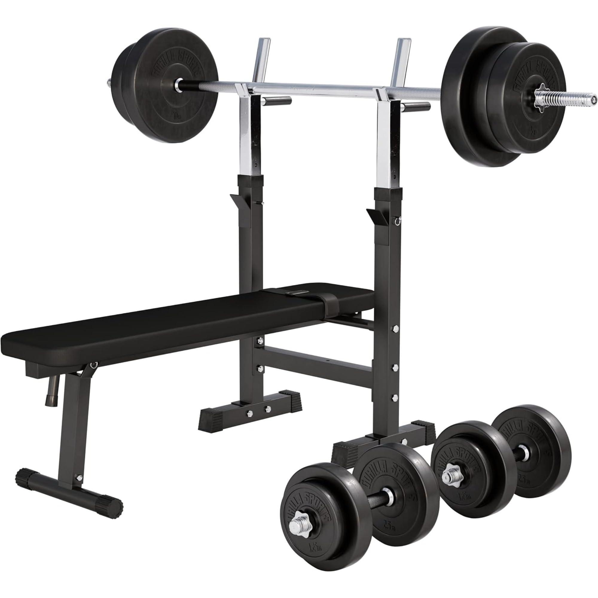 GORILLA SPORTS® - Banco de pesas (incluye juego de pesas de 38 kg/70 kg, estante y estación de inmersión, altura ajustable y ángulo de inclinación, plegable, hasta 200 kg, banco de entrenamiento con