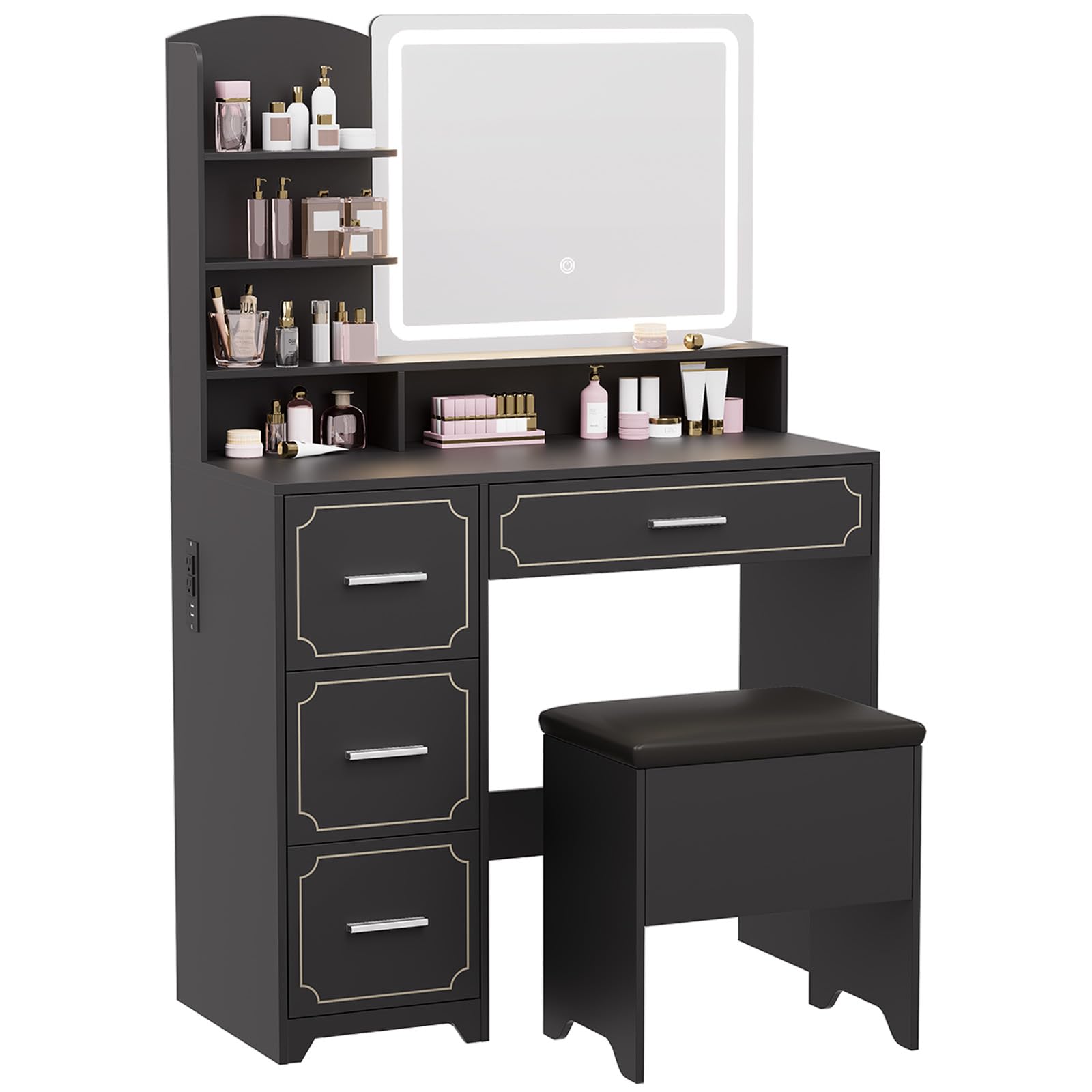 Vanity Table with LED Mirror & Power Outlet - 5 Open Shelves, 4 Drawers - Includes Padded Stool - Ideal Bedroom Makeup Dressing Table ?Black?