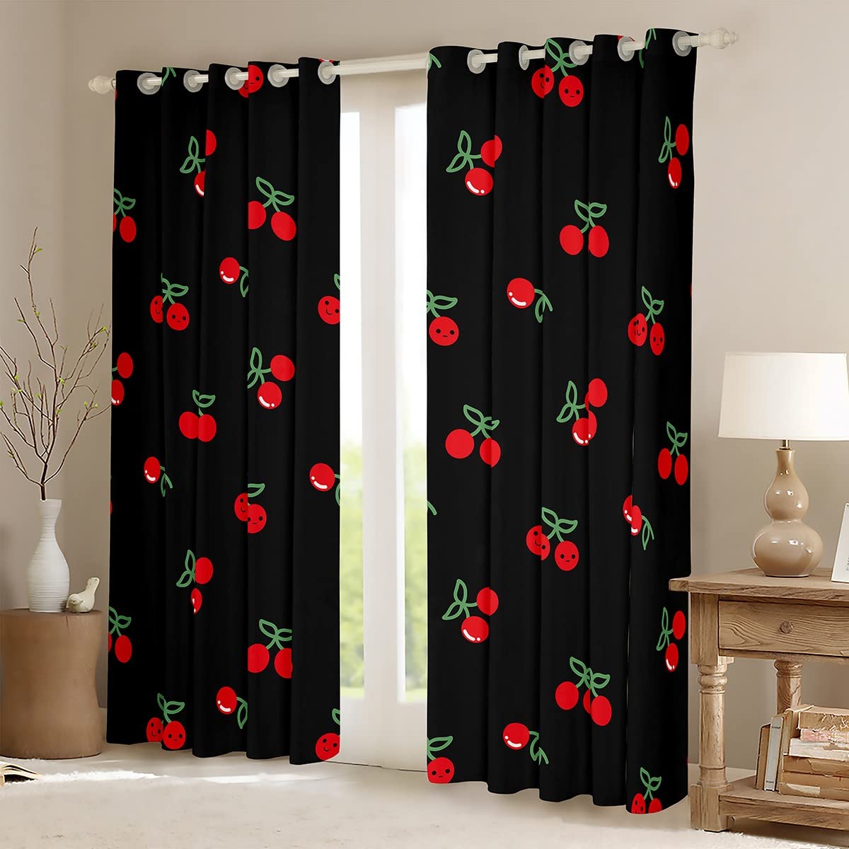 Girls Red Cherry Window Curtains, Kawaii Blackout for Kids Boys Adult Women, Cartoon Fruit Drapes 2 Panels, Cute Cherry for Bedroom Living Room Decor, 42